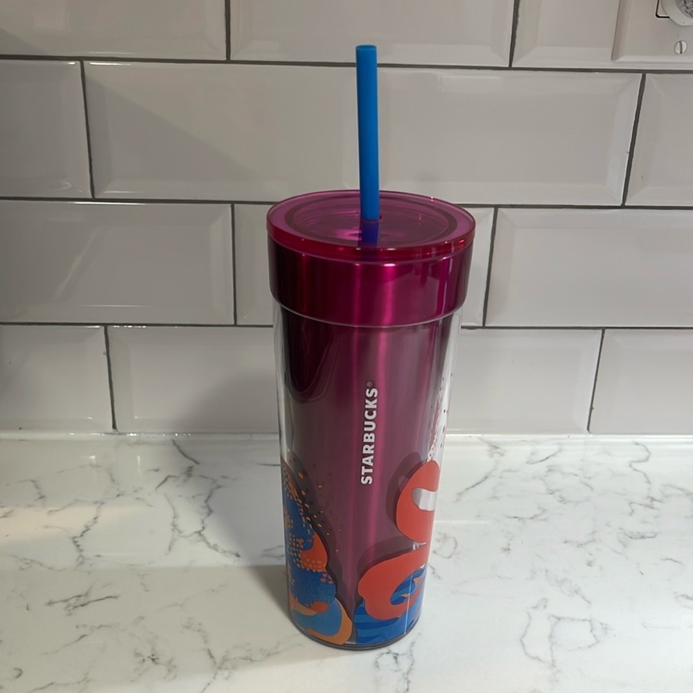 Starbucks | New metal insulated plastic 16oz cup Peony abstract